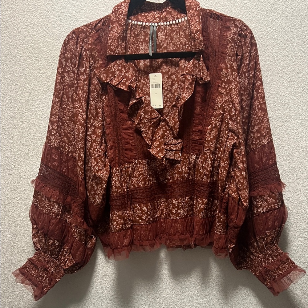 Anthropology Floral Ruffle Women's Top - Reddish Maroon - Picture 5 of 5
